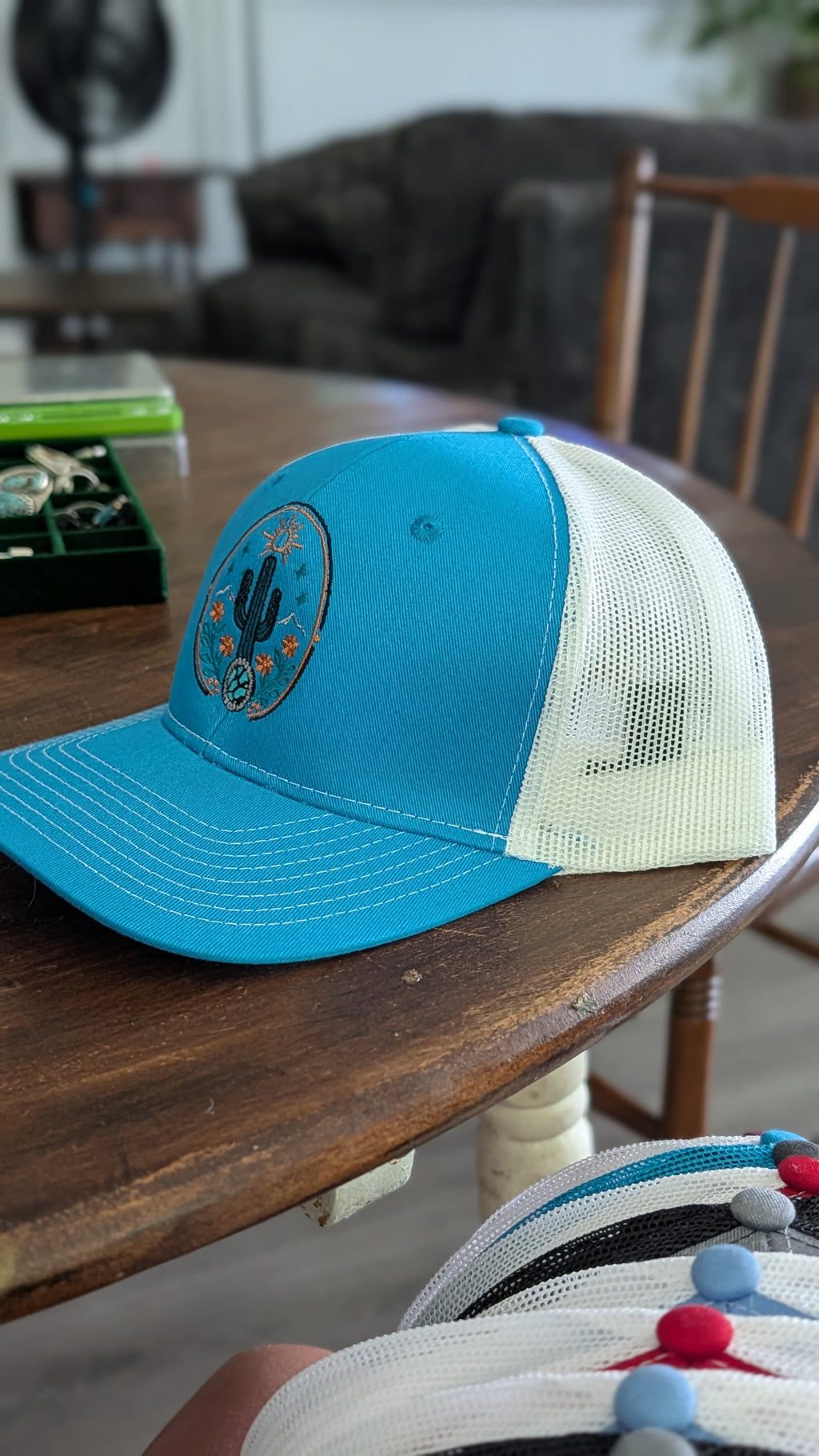 TC Stone & Silver Trucker Hats- turquoise and white