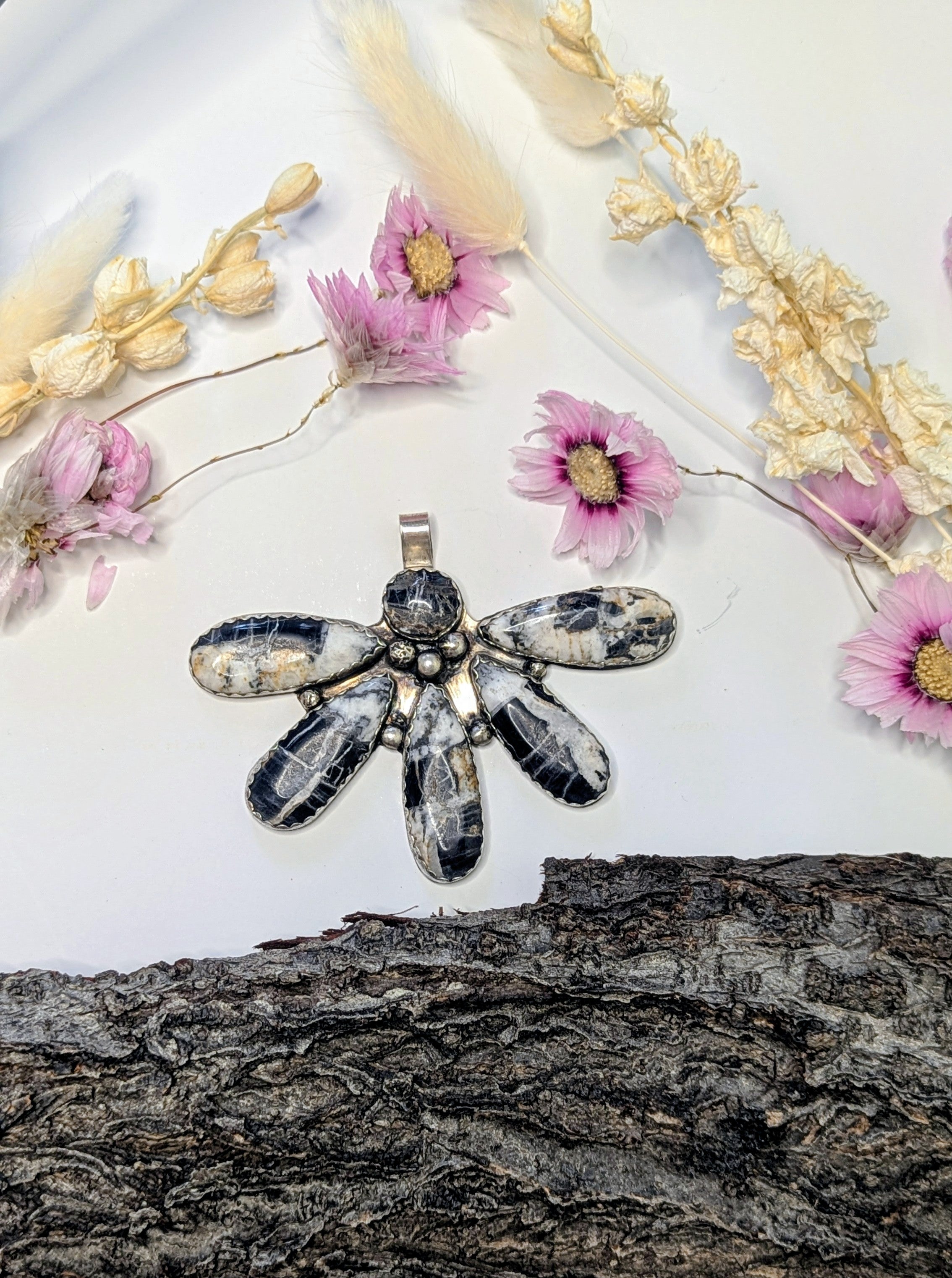 White Buffalo Stone Pendant Necklace – Sterling Silver Fan Design