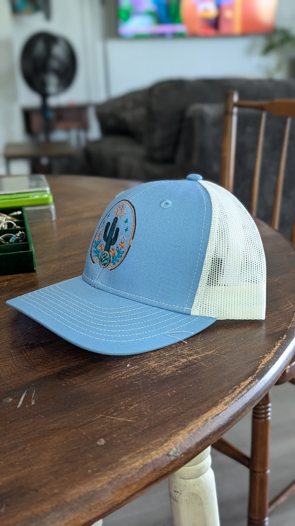 TC Stone & Silver Trucker Hats- light blue and white